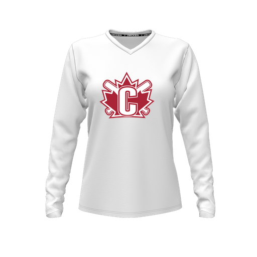 [CUS-DFW-TEES-CMF-VNK-LSL-WHT-FYXS-LOGO2] Decker Comfort T-Shirt (Female Youth XS, White, V Neck, Logo 2, Long Sleeve)