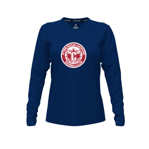 [FTLVPTNV-FYXS-LOGO1] Decker Performance T-Shirt (Female Youth XS, Navy, V Neck, Logo 1, Long Sleeve)