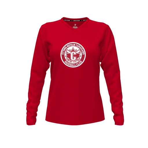 [FTLVPTRD-FYXS-LOGO1] Decker Performance T-Shirt (Female Youth XS, Red, V Neck, Logo 1, Long Sleeve)
