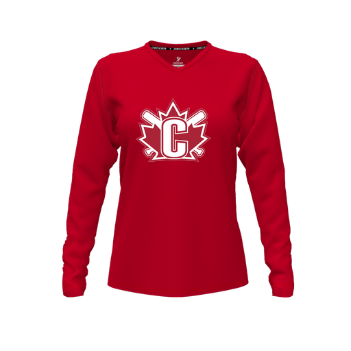 [FTLVCFRD-FYXS-LOGO2] Decker Comfort T-Shirt (Female Youth XS, Red, V Neck, Logo 2, Long Sleeve)