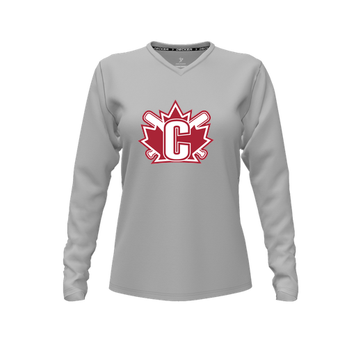 [CUS-DFW-TEES-CMF-VNK-LSL-GRY-FYXS-LOGO2] Decker Comfort T-Shirt (Female Youth XS, Gray, V Neck, Logo 2, Long Sleeve)
