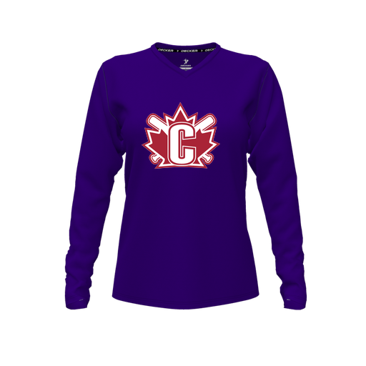 [FTLVPTPP-FYXS-LOGO2] Decker Performance T-Shirt (Female Youth XS, Purple, V Neck, Logo 2, Long Sleeve)